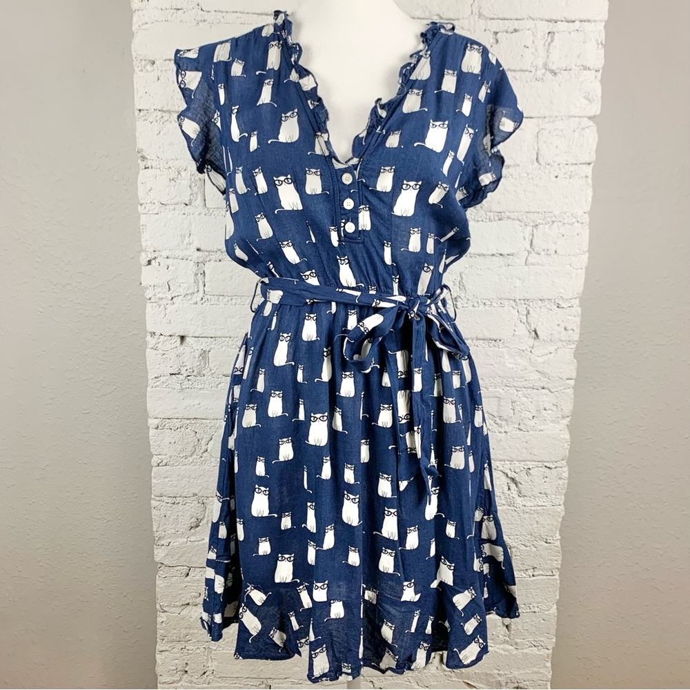Onze Montreal Navy Blue White Smarty Cat Print Glasses Belted Tie Dress Medium